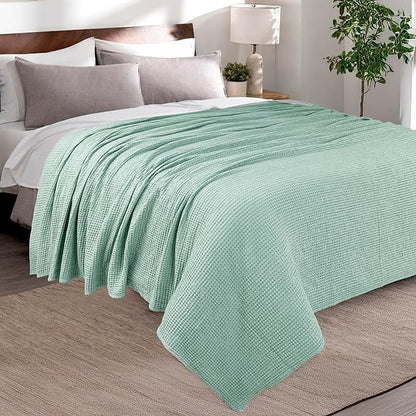 HILLFAIR 100% Combed Cotton Blanket– California King Size Bed Blankets Warm Soft All Season Breathable Lightweight Summer Waffle Weave Home Decor Blanket- Sage California King Cotton Blankets/Bedcover