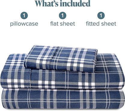 Bare Home Flannel Sheet Set Prints, 100% Cotton, Velvety Soft Heavyweight - Double Brushed Flannel for Extra Softness & Comfort - Deep Pocket - Bed Sheets (Twin XL, Stirling Plaid - Blue/White)