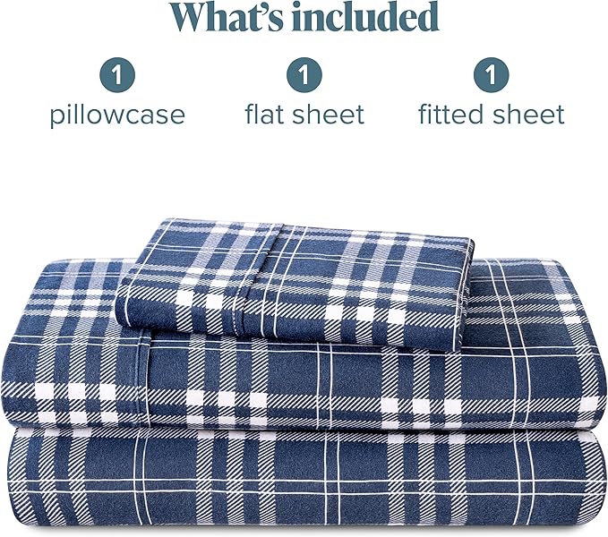Bare Home Flannel Sheet Set Prints, 100% Cotton, Velvety Soft Heavyweight - Double Brushed Flannel for Extra Softness & Comfort - Deep Pocket - Bed Sheets (Twin, Stirling Plaid - Blue/White)