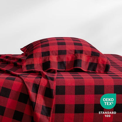 Bare Home Flannel Sheet Set Prints, 100% Cotton, Velvety Soft Heavyweight - Christmas Holiday Sheets - Double Brushed Flannel - Extra Softness, Comfort - Deep Pocket (Twin, Buffalo Plaid - Red/Black)
