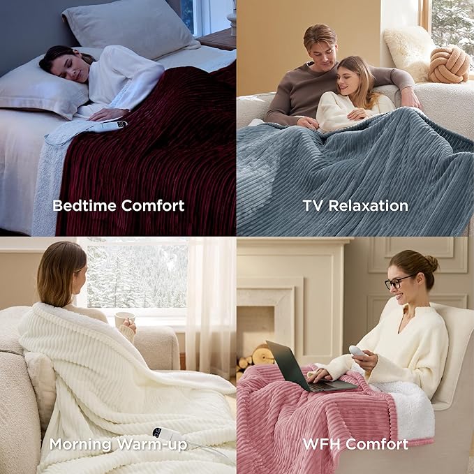 Bedsure GentleSoft Electric Blanket Full Size - Soft Ribbed Flannel Heated Blanket with 6 Heat Settings, Heating with 10 Time Settings, 8 hrs Timer Auto Shut Off, Gifts for Grandma (72"x84", Burgundy)