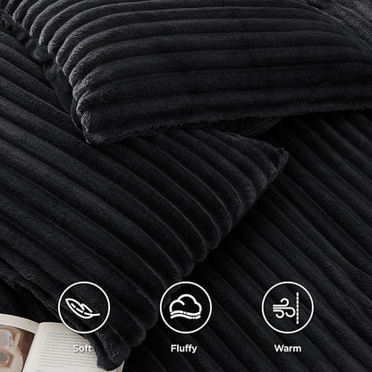 Bedsure Fluffy Duvet Cover Set - Ultra Soft Plush Shaggy Comforter Cover King Size, Warm Flannel Fleece Bed Sets for Winter, 3 Pieces (Striped Pattern, Black)