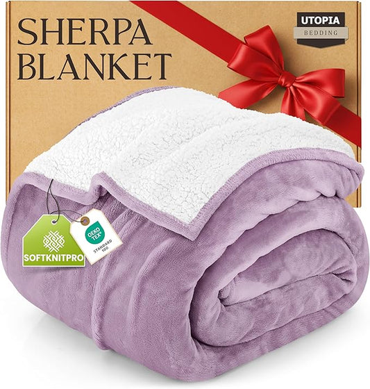 Utopia Bedding Sherpa Blanket California King Size (Lilac, 102x96 Inches) - Soft Lightweight Plush Fleece Reversible Blanket for Bed, Sofa, Couch, Camping and Travel