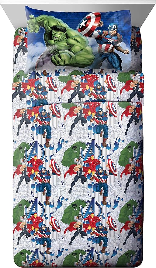 Marvel Avengers Blue Circle 4 Piece Twin Bed Set - Includes Reversible Comforter & Sheet Set - Super Soft Fade Resistant Polyester (Official Marvel Product)