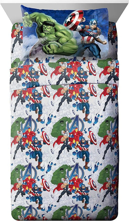 Marvel Avengers Blue Circle 4 Piece Twin Bed Set - Includes Reversible Comforter & Sheet Set - Super Soft Fade Resistant Polyester (Official Marvel Product)