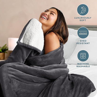 Bare Home Sherpa Fleece Blanket - Throw/Travel Size - Blanket for Bed, Sofa, and Couch - Warm & Lightweight - Fluffy & Soft - Reversible (Throw/Travel, Forged Iron Grey)