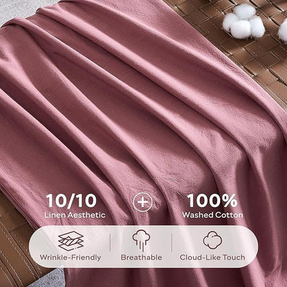 JELLYMONI 100% Washed Cotton Duvet Cover King – Soft, Breathable Linen-Look Bedding with Natural Wrinkle Texture, Button Closure, 3-Piece Set (Deep Rose, 104"x90")