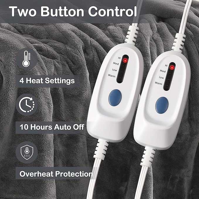 Electric Heated Blanket Queen Size 84"x90", Dual Control Fast Heating Cozy Heated Blanket for Bed, 10 Hours Auto Off & 4 Heating Levels, Warm Gift for Grandma-Light Gray