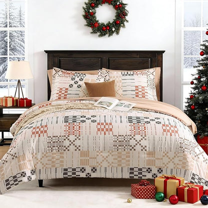 MaiRêve Queen Comforter Set, Classic Plaid Farmhouse Bedding Sets 7 Pieces, Beige All Season Bed in A Bag with Sheets, Pillowcases & Shams