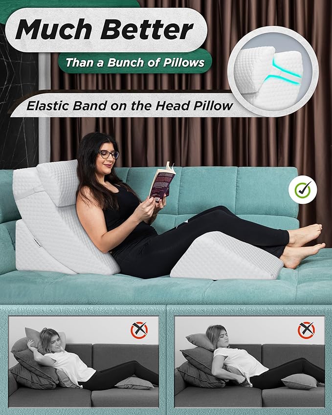 Lunix 4pcs Memory Foam Wedge Pillow Set for Back, Knee & Leg Pain Relief, Orthopedic Bed Pillow for Post Surgery, Reflux, GERD, Anti-Snoring, with Hot Cold Pack, White