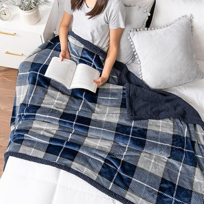 PAVILIA Blue Navy Plaid Sherpa Throw Blanket for Couch Twin, Plush Flannel Fleece, Soft Fuzzy Cabin for Sofa Bed, Warm Cozy Winter Gift, 60x80