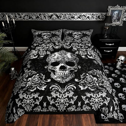 Gothic Skull Bedding Sets Full Size,Halloween Flower Skull Duvet Cover Set for Kids Boys Girls Teen Bedroom Decor,Black Grey Vintage Damask Quilt Cover Retro Floral Comforter Cover,2 Pillowcases