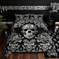 Gothic Skull Bedding Sets Full Size,Halloween Flower Skull Duvet Cover Set for Kids Boys Girls Teen Bedroom Decor,Black Grey Vintage Damask Quilt Cover Retro Floral Comforter Cover,2 Pillowcases