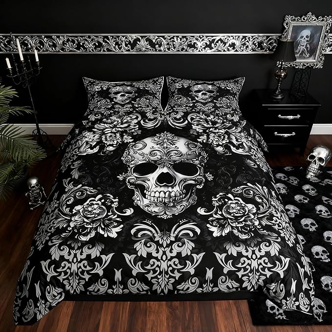 Gothic Skull Duvet Cover Set King Size,Halloween Flower Skull Bedding Sets for Boys Girls Woman Men Bedroom Decor,Black Grey Vintage Damask Quilt Cover Retro Floral Comforter Cover,2 Pillowcases