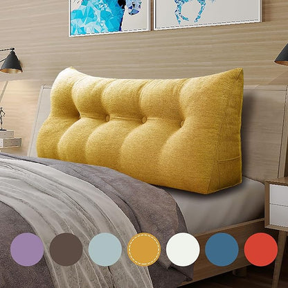 Wedge Headboard Pillow Dorm Room Reading Pillow Back Support for Sitting Up in Bed Bolster Lumbar Cushion Body Positioning Bedrest Cotton Linen 54in Yellow Full