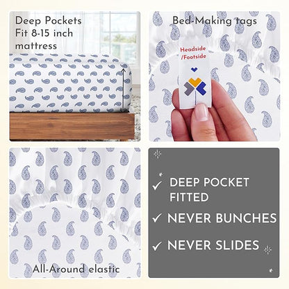 California Design Den Printed Twin XL Sheet Sets - 400 Thread Count Sateen, Natural 100% Cotton Sheets Set, Deep Pockets, and Durable Bedding Set - Paisley Blue
