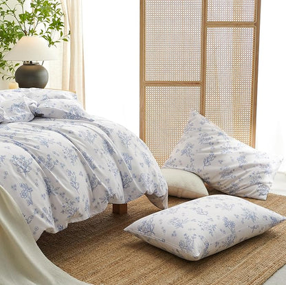 Blue White Floral Duvet Cover Queen Size Romantic Flower Bedding Set Kids Boys Girls Women 3Pcs Hand Drawn Style Botanical Spring Aesthetic Leaves Reversible Comforter Cover with 2 Pillowcases