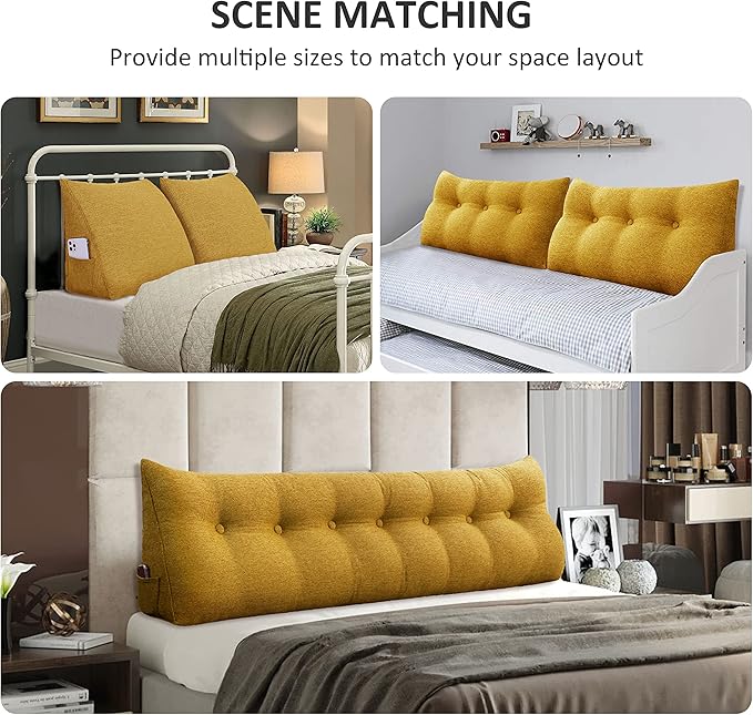 Cotton Linen Daybed Pillow Large Filled Triangular Soft Headboard Wedge Cushion Bed Backrest Positioning Support Reading Pillow for Adult Shoulder Lumbar Leg Bolster（Yellow, Small）