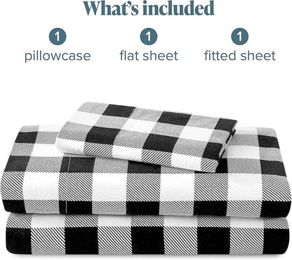Bare Home Flannel Sheet Set Prints, 100% Cotton, Velvety Soft Heavyweight - Double Brushed Flannel for Extra Softness & Comfort - Deep Pocket - Bed Sheets (Twin, Buffalo Plaid - White/Black)