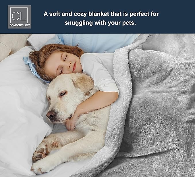 Comfort Lab Reversible Flannel Sherpa Throw Blanket - Elegant Fluffy Throw Blankets for Couch and Home Decor - Anti Pilling Non Shedding Cozy & Warm Fleece Throws - Kids/Pet (40" x 50") - Grey