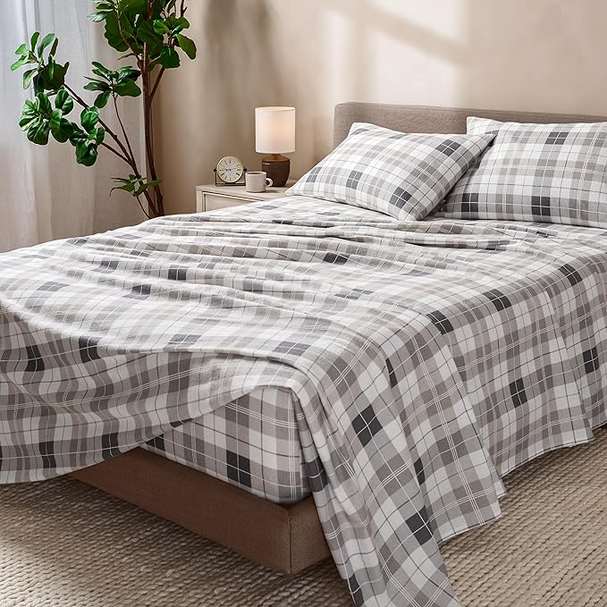 Bare Home Cotton Flannel Sheet Set Prints, 100% Cotton, Velvety Soft Heavyweight - Double Brushed for Softness & Comfort - Deep Pocket - Bed Sheets - Cotton - Flannel - Printed (Twin XL, Quarry Plaid)