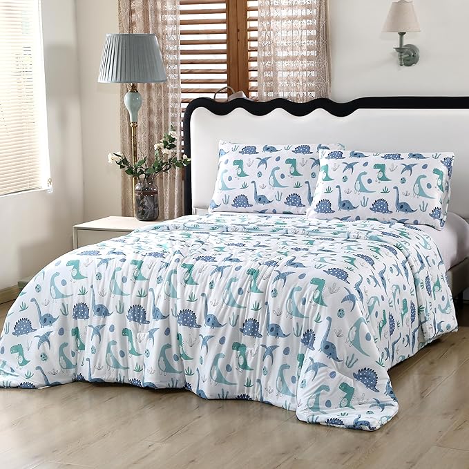 SDIII Dinosaur Comforter Full 3 Pieces, Silky Breathable Microfiber and Spandex, Cute Dinosaur Bedding Full Size for Boys Girls Kids and Teens