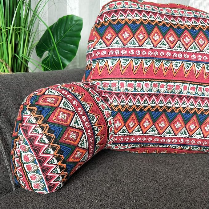 Bohemian Printed Reading Pillow with Support Arms Soft Bed Rest Pillows Back Support Cushion for Kids Reading Watching TV Sitting Up in Bed (20"×15"×8",Red)