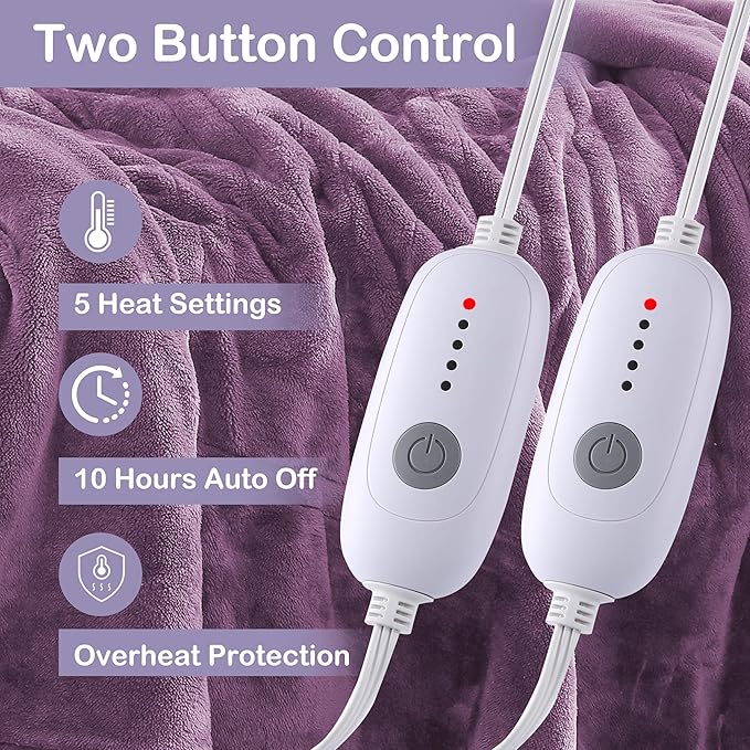 Electric Heated Blanket Queen Size 84"x90", Dual Control Fast Heating Cozy Heated Blanket for Bed, 10 Hours Auto Off & 5 Heating Levels, Warm Gift for Grandma-Light Purple