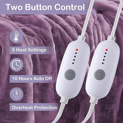Electric Heated Blanket Queen Size 84"x90", Dual Control Fast Heating Cozy Heated Blanket for Bed, 10 Hours Auto Off & 5 Heating Levels, Warm Gift for Grandma-Light Purple