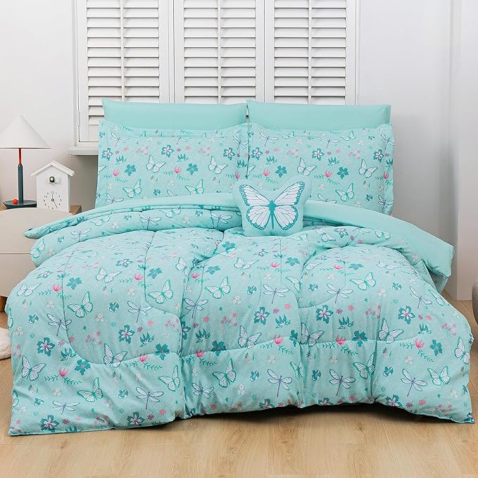 Mooreeke Bed in a Bag for Kids Girls Teens, 8 Pieces Full Size Comforter Bed Set with Shams, Sheet Set and Decorative Toy Pillow, Butterfly Mint Green Super Soft Microfiber Kids Comforter Bedding Set