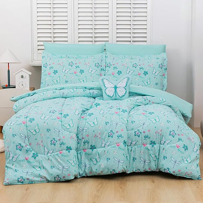 Mooreeke Bed in a Bag for Kids Girls Teens, 8 Pieces Full Size Comforter Bed Set with Shams, Sheet Set and Decorative Toy Pillow, Butterfly Mint Green Super Soft Microfiber Kids Comforter Bedding Set