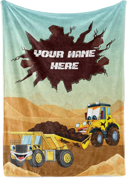 Personalized Blanket for Kids | Construction Truck Blanket | Fleece Throw for Boys and Girls | Kids & Toddlers | Tonka Bulldozer Dump Truck Loader Excavators (60x80 Fleece, V2)