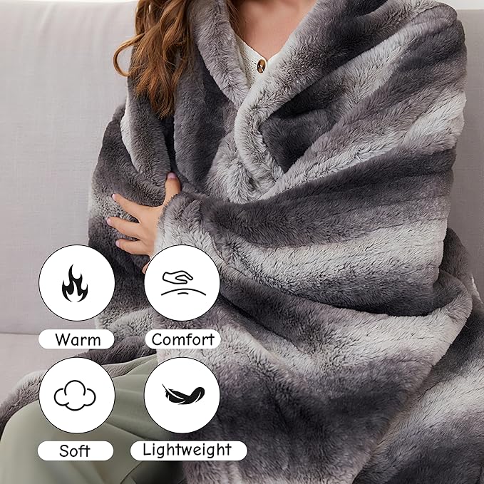 Soypipo Electric Heated Throw Blanket 50"x60", Grey White Striped Faux Fur Plush with 4 Heat Settings & 2/4/8/10H Auto Shut-Off, Overheat Protection, Machine Washable