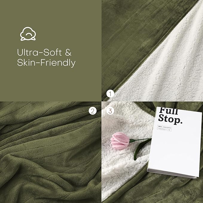 Electric Heated Blanket Throw Size 50"x60" - Flannel & Sherpa Fabric Dual-Sided, 6 Heat Settings & 1-3 Hours Auto Off, Soft & Cozy Warming Throw for Home, Office, or Bed, Machine Washable, Olive Green