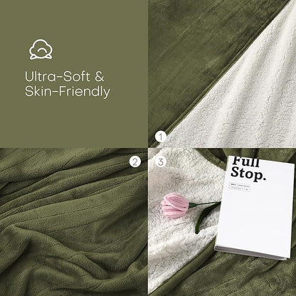 Electric Heated Blanket Throw Size 50"x60" - Flannel & Sherpa Fabric Dual-Sided, 6 Heat Settings & 1-3 Hours Auto Off, Soft & Cozy Warming Throw for Home, Office, or Bed, Machine Washable, Olive Green