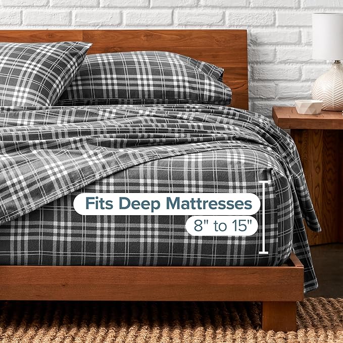 Bare Home Flannel Sheet Set Prints, 100% Cotton, Velvety Soft Heavyweight - Double Brushed Flannel for Extra Softness & Comfort - Deep Pocket - Bed Sheets (Split King, Stirling Plaid - Grey/White)