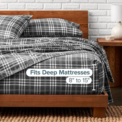 Bare Home Flannel Sheet Set Prints, 100% Cotton, Velvety Soft Heavyweight - Double Brushed Flannel for Extra Softness & Comfort - Deep Pocket - Bed Sheets (Split King, Stirling Plaid - Grey/White)