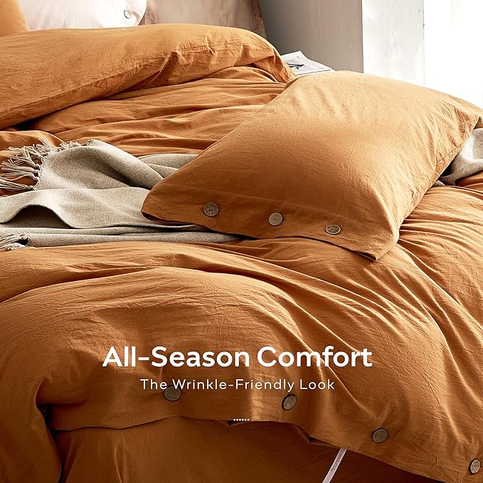 JELLYMONI 100% Washed Cotton Duvet Cover Twin – Soft, Breathable Linen-Look Bedding with Natural Wrinkle Texture, Button Closure, 3-Piece Set (Amber Orange, 68"x90")