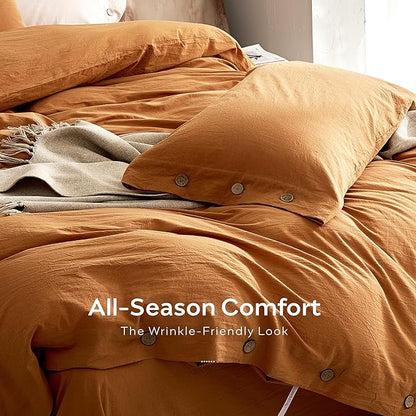 JELLYMONI 100% Washed Cotton Duvet Cover Twin – Soft, Breathable Linen-Look Bedding with Natural Wrinkle Texture, Button Closure, 3-Piece Set (Amber Orange, 68"x90")