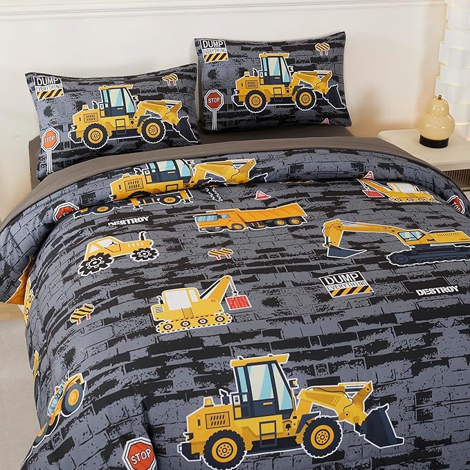 RYNGHIPY Construction Truck Bedding Set Excavator Tractor Bed Set for Boys Bedroom Kids Comforter Sets with 1 Comforter 2 Pillowcases (Black-Grey,Full)