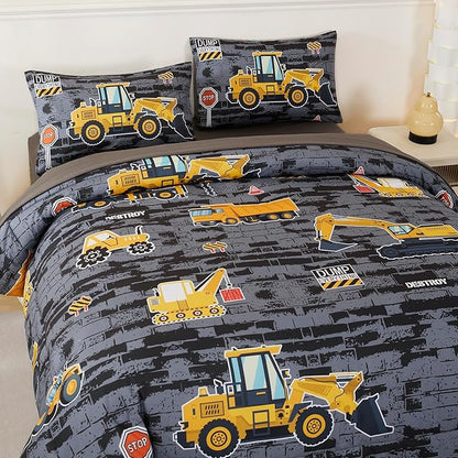 RYNGHIPY Construction Truck Bedding Set Excavator Tractor Bed Set for Boys Bedroom Kids Comforter Sets with 1 Comforter 2 Pillowcases (Black-Grey,Full)
