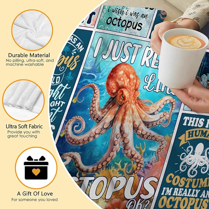 Octopus Blanket Ocean Animal I Just Really Like Octopus Throw Blanket Gifts for Kids Adults Soft Flannel Blanket for Sofa Couch Bed Warm Cozy Home Decor for All Seasons,40"x50"for Kids/Baby
