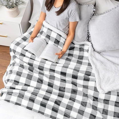 PAVILIA Light Grey Buffalo Plaid Sherpa Throw Blanket for Couch, Plush Light Gray Checkered Fleece Blanket and Throws, Soft Fuzzy Flannel Blanket for Sofa Bed, Warm Cozy Winter Blanket Gift, 50x60