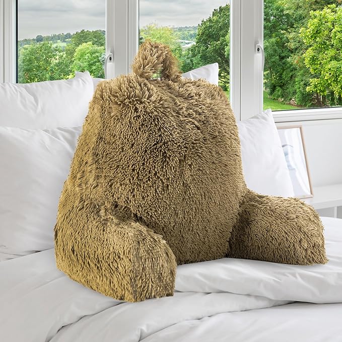 Cheer Collection Fluffy Reading Pillow Chair - Shaggy Hair Chair Pillow with Arms for Bed & Couch, Gold