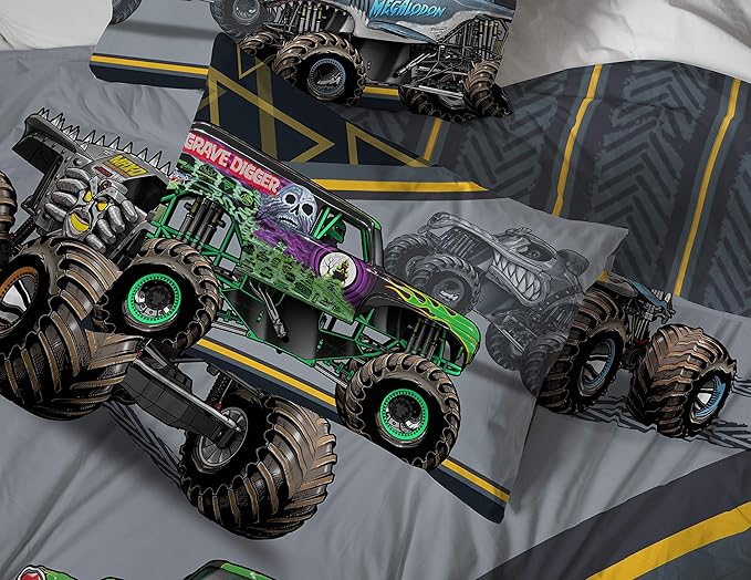 Jay franco Monster Jam MJ Life 5 Piece Full Bed Set-Includes Reversible Comforter&Sheet Set-Bedding Features Grave Digger, Max-D, Megalodon-Super Soft Microfiber-(Official Monster Jam Product)