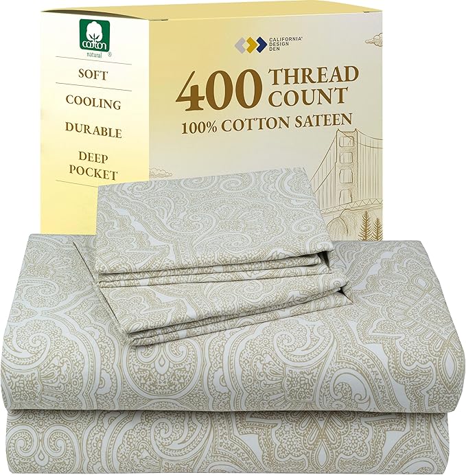 California Design Den Full Size Bed Sheets Set - 400 Thread Count Sateen, Natural 100% Cotton Sheets, Deep Pocket and Durable Bedding - Paisley Pattern, Beige