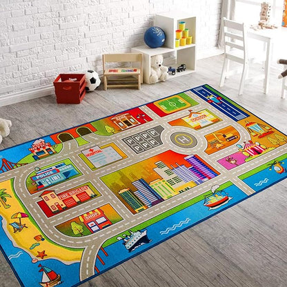 Booooom Jackson Kids Car Rug 39x79 inch, Car Mat for Kids Toy Cars,Road Carpet Playmat Rug,Buildings Parking Helipad Printed on,Non-Slip Play Race Track Carpet for Play Room Bedroom