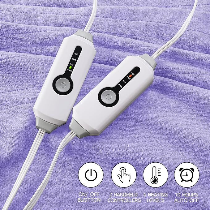 Electric Heated Blanket 90"x100" King Size, Soft Coral Fleece, Dual Controllers with 4 Heating Levels and 10 Hours Auto-Off, Machine Washable, Cozy Plush Fabric for Home, Light Purple
