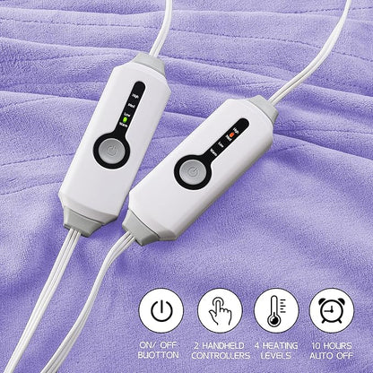 Electric Heated Blanket 90"x100" King Size, Soft Coral Fleece, Dual Controllers with 4 Heating Levels and 10 Hours Auto-Off, Machine Washable, Cozy Plush Fabric for Home, Light Purple