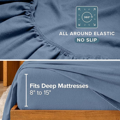 Bare Home Flannel Sheet Set 100% Cotton, Velvety Soft Heavyweight - Double Brushed Flannel - Deep Pocket (Queen, Coronet Blue)